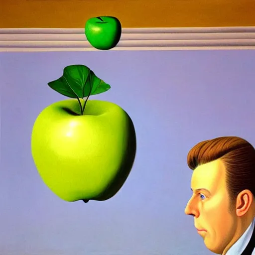 Prompt: a painting of a man with a green apple on his face, a surrealist painting by rene magritte, cg society, pop surrealism, surrealist, oil on canvas, academic art
