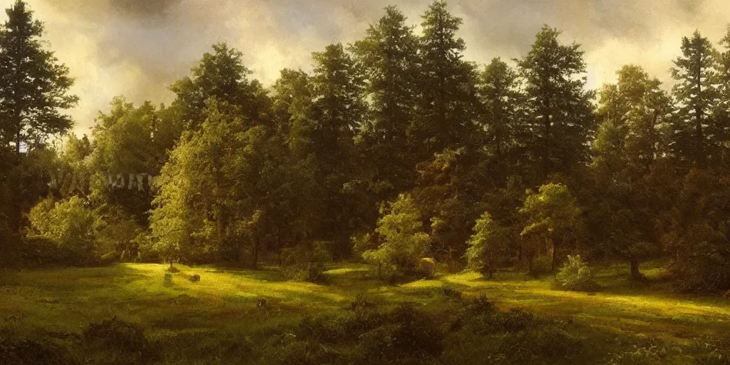 Prompt: landscape of a large victorian manor house in a pine forest, well lit, detailed, cinematic lighting, oil painting