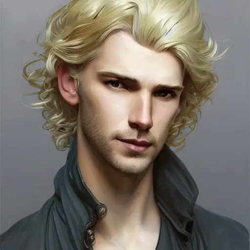 Image similar to Blond Lucius with closed eyes smiling, very detailed sharp angular masculine face, hooked nose and square jaw, long fluffy curly blond hair, light blond hair, NO BEARD, gorgeous, beautiful, intricate, highly detailed, digital painting, artstation, concept art, sharp focus, illustration, art by greg rutkowski and alphonse mucha