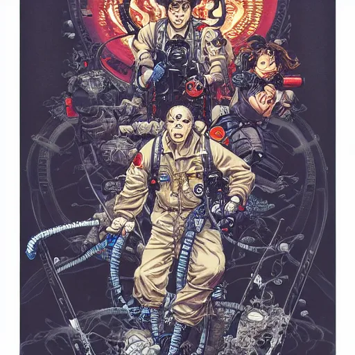 Image similar to portrait of crazy ghostbuster, symmetrical, by yoichi hatakenaka, masamune shirow, josan gonzales and dan mumford, ayami kojima, takato yamamoto, barclay shaw, karol bak, yukito kishiro