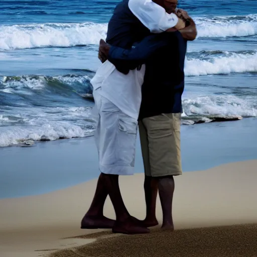 Image similar to Walter White hugging Barak Obama on the beach, artistic, 8k, dramatic lighting