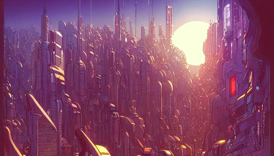 Prompt: the origine of cybertimes, metahumans and androids, fractals, cyberpunk city well, visual development by jean giraud and moebius, incal!!!!!!, dynamic lighting