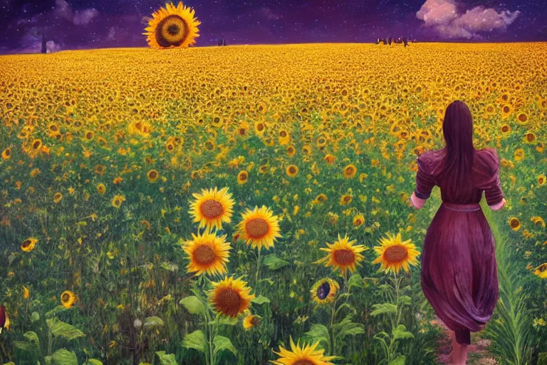 Image similar to giant sunflower as a head, girl walking in daisy field, hills, surreal photography, dark night, star trails, dramatic light, impressionist painting, clouds, digital painting, artstation, simon stalenhag