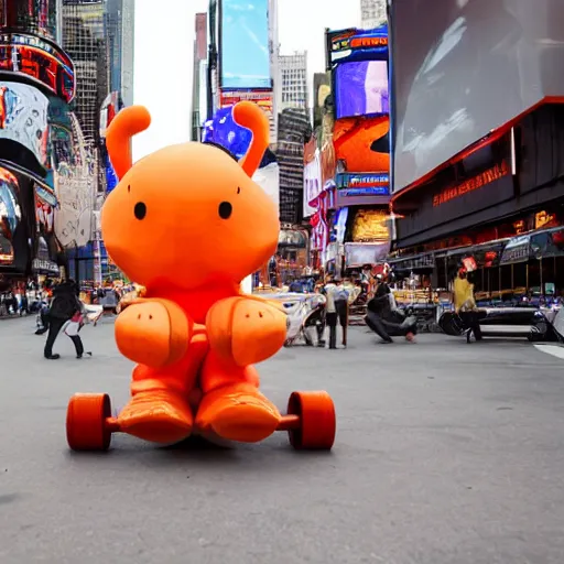 Prompt: an orange elephant on a skateboard in times square at sunset