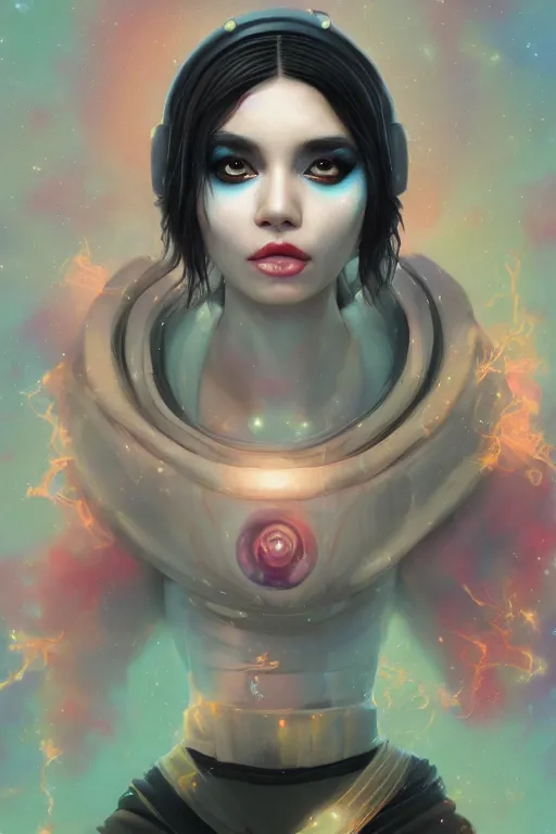 Image similar to digital portrait of an eloquent alien panda bear queen, straight on, full body character concept art, concept art, by artgerm, tom bagshaw, gerald brom, vaporwave colors, lo fi colors, vaporwave, lo fi, 4 k, hd, rendered with substance designer, small details,