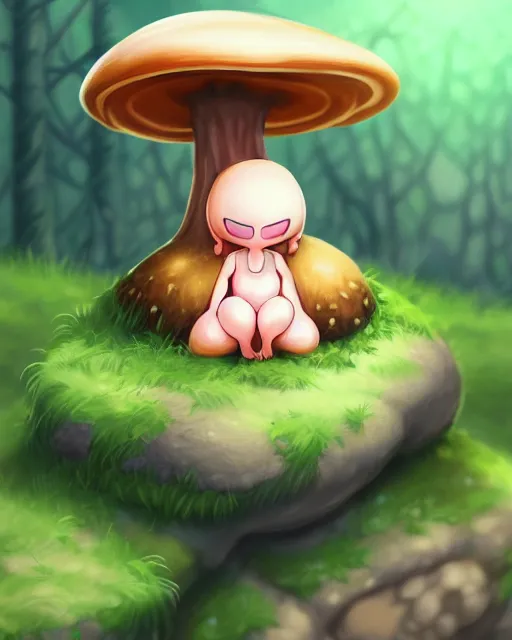 Image similar to digital illustration of a cute mushroom creature, thicc, sitting on a rock in a forest, | | epic - fine - clean, polished, trending on artstation, anime style, brush strokes