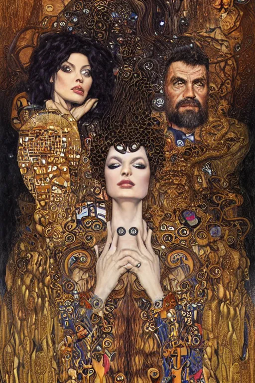 Image similar to Divine Chaos Engine portrait by Karol Bak, Jean Deville, Gustav Klimt, people looking at a large painting wearing oculus in a contemporary museum, dark, intricate, realistic detailed image of a semi overhead view of an old couple sitting on a couch highly detailed, smooth, artstation, digital illustration by moebius. James jean graffiti. Artgerm and Franics Bacon and Greg Rutkowski and Zdzislaw Beksinski