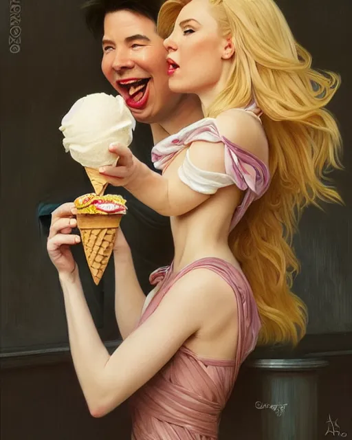 Prompt: Portrait of Michael Mcintyre & blonde actress with big lips eating ice creams in Porto,real life skin, intricate, elegant, highly detailed, artstation, concept art, smooth, sharp focus, art by artgerm and greg rutkowski and alphonse mucha