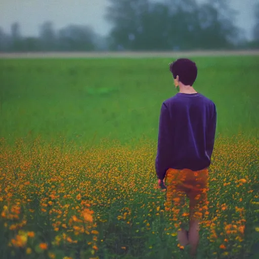 Image similar to close up kodak portra 4 0 0 photograph of a skinny guy standing in field looking at a tornado of flowers, back view, moody lighting, telephoto, 9 0 s vibe, blurry background, vaporwave colors, faded!,