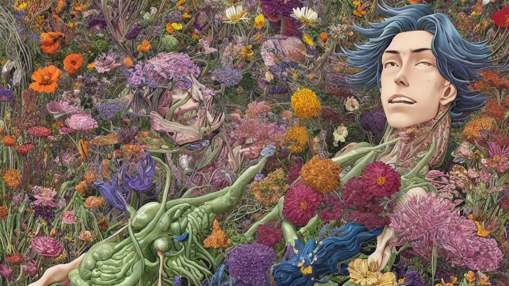 Image similar to highly detailed illustration of a human anatomy body exploded by all the known species of flowers by juan gatti, by makoto shinkai, by moebius!, by oliver vernon, by joseph moncada, by damon soule, by manabu ikeda, by kyle hotz, by dan mumford, by kilian eng