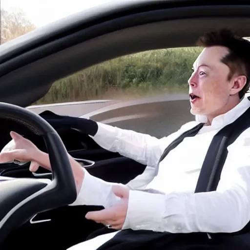 Image similar to elon musk getting shocked by his own Tesla car,