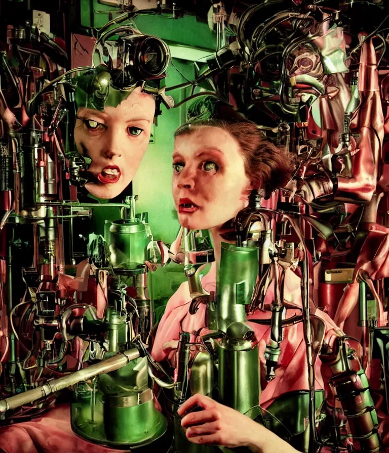 Image similar to a female mad scientist woman building a humanoid robot - man, in a darkly lit laboratory room, 1 9 5 0 s horror movie poster style, ( norman rockwell oil painting ), tight shot, close - up shot, retro science fiction, vintage, saturated pink and green lighting, shadowy lighting, cohesive