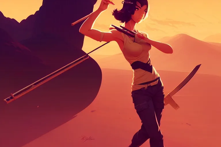 Image similar to smooth weapon, desert - colors, centered median photoshop filter cutout vector behance hd by artgerm, jesper ejsing, by rhads, makoto shinkai and lois van baarle, ilya kuvshinov, rossdraws, illustration, art by ilya kuvshinov and gustav klimt