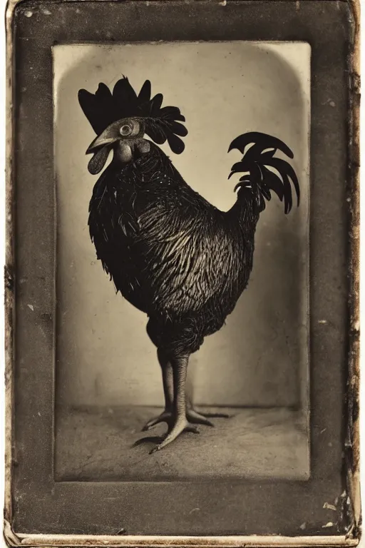 Image similar to a wet plate photo of an anthropomorphic rooster with a lute