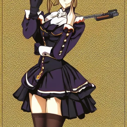 Image similar to a picture of beatrice from the visual novel umineko holding a gun, trending, aesthetic, illustration, award wining details