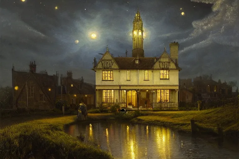 Prompt: a beautiful hyperrealistic painting of a british victorian house with a tower at night, very detailed by andrea kowch, and giovanni paolo paninni and samuel and joseph newsom