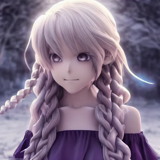 Prompt: Render of a very beautiful 3d anime girl full body, long silver curly hair, purple eyes, twisted braid, full round face, short smile, cute dress, full body, snow white setting, cold, cinematic lightning, medium shot, mid-shot, highly detailed, trending on Artstation, Unreal Engine 4k, cinematic wallpaper
