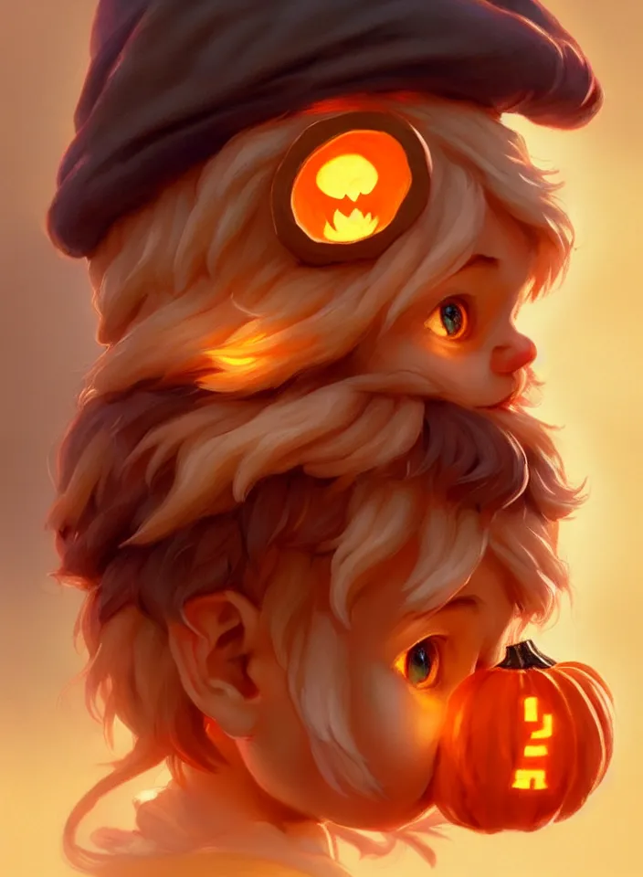 Image similar to hand drawn cute one gnomes face in autumn and pumpkin, detailed closeup face, concept art, low angle, high detail, warm lighting, volumetric, godrays, vivid, beautiful, trending on artstation, art by artgerm and greg rutkowski and alphonse mucha