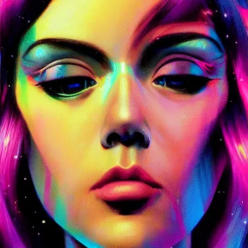 Prompt: hologram woman is bored, with cute - fine - face, pretty face, oil slick hair, realistic shaded perfect face, extremely fine details, by realistic shaded lighting, dynamic background, poster by ilya kuvshinov katsuhiro otomo, magali villeneuve, artgerm, jeremy lipkin and michael garmash and rob rey, pascal blanche, kan liu