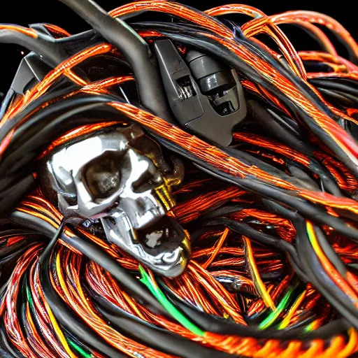 Image similar to skull wires skin cables, cybernetic nightmare