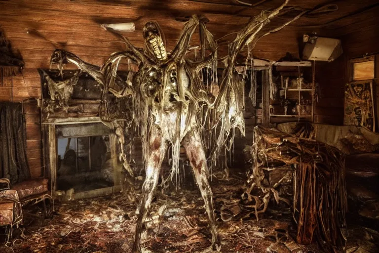 Prompt: film still of an oily monster abomination with carapace and antennae clinging to the ceiling of an old cabin's living room, horror movie, eerie, creepy, dark, amazing lighting, great cinematography, directed by scott derrickson