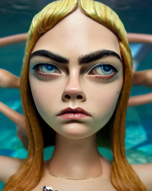 Prompt: closeup face profile portrait of cara delevingne as a tin toy swim champ, bikini, depth of field, zeiss lens, detailed and intricate environment, fashion photoshoot by nicoletta ceccoli, mark ryden, lostfish, breathtaking, 8 k resolution, artistic, hyperrealistic, octane render