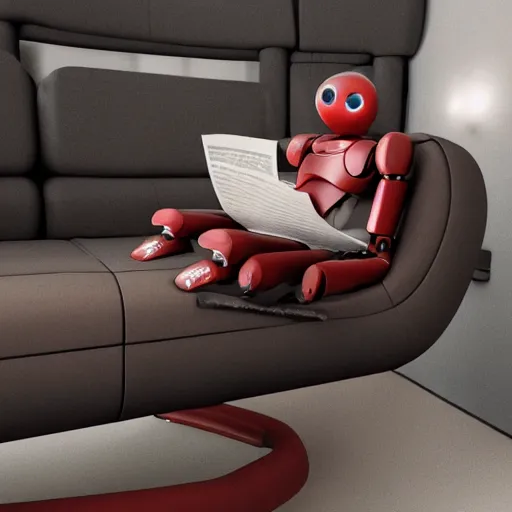 Prompt: futuristic lonely matte brown and red full-body humanoid robot with two huge round expressive sad LED eyes and open rectangular mouth sitting on a large comfortable cushioned 1950s vintage recliner reading a newspaper. open newspaper. Cinematic Movie Photograph, Arri Alexa, Extremely Detailed, smooth, very very clean, 8K, octane render, maya render, unreal engine, trending on artstation, DSLR, excellent composition, center frame