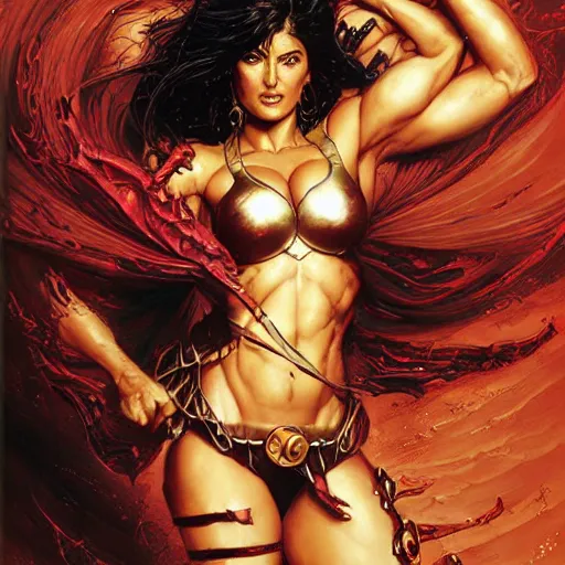 Image similar to muscular beautiful salma hayek wearing armor tombow artwork greg staples , dug stanat, norman rockwell , christophe young eytan zana , rumiko takahashi