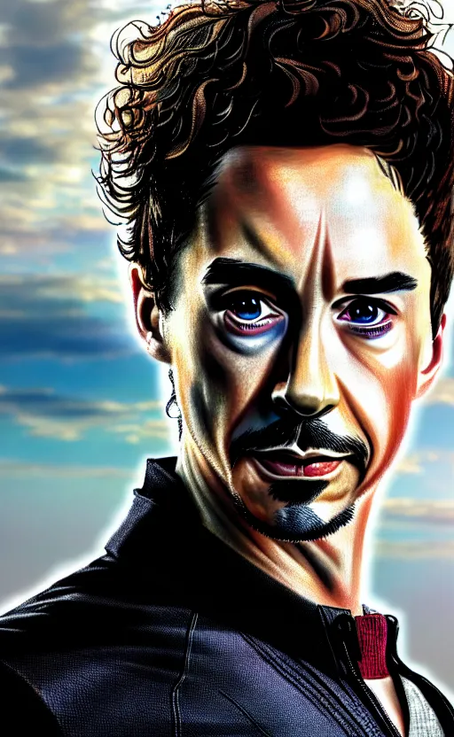 Image similar to portrait of robert sheehan as tony stark from the avengers infinity war, marvel concept art, hyperrealistic, detailed, accurate illustration, dramatic lighting, action pose