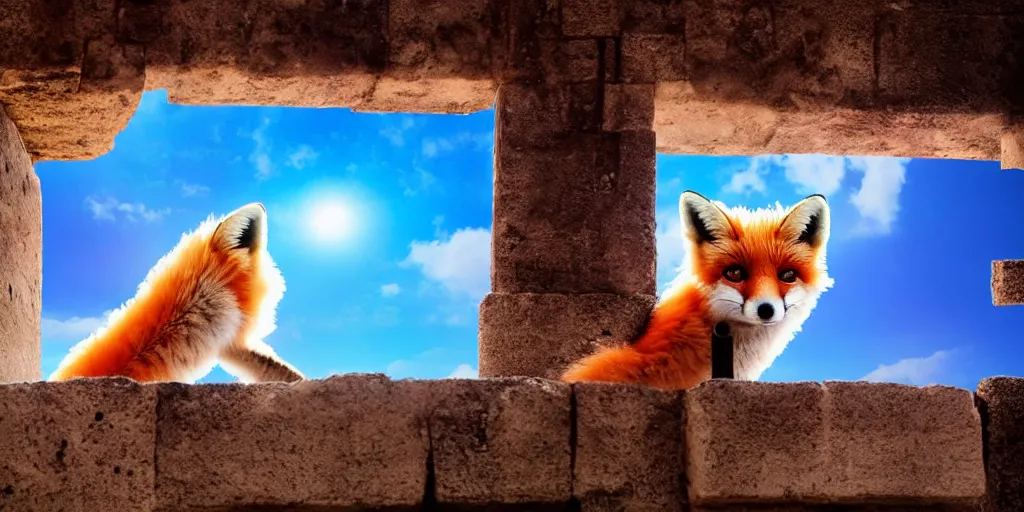 Image similar to A beautiful small fox in the huge ruins of the second temple in Jerusalem :: Dreamy sky :: The third temple hovers quietly in the sky above :: Very colorful painting 8k trending on art station :: Intricate details, very realistic, cinematic lighting, volumetric lighting, photographic blur bokeh defocus dof sky