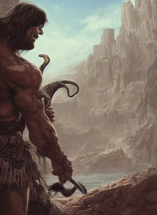 Image similar to portrait, conan the barbarian fighting a anakonda snake, Dynamic lighting, cinematic, establishing shot, extremely high detail, photo realistic, cinematic lighting, pen and ink, intricate line drawings, post processed, concept art, artstation, matte painting, style by Raphael Lacoste, Eddie Mendoza