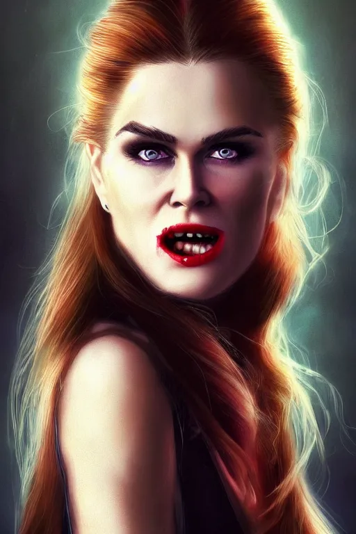 Image similar to mix of beautiful young maria shriver, mariel hemmingway, brooke shields, nicole kidman and elle macpherson as a vampire with mouth open with sharp teeth, thin lips, hair tied up in a pony tail, dark blonde hair, colorful, artstation, cgsociety