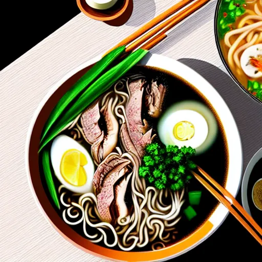 Prompt: flatlay realistic photo of delicious pho, ramen, aesthetic table cloth, highly detailed, cinematic light, masterpiece, 8 k hd, award winning, artstation,