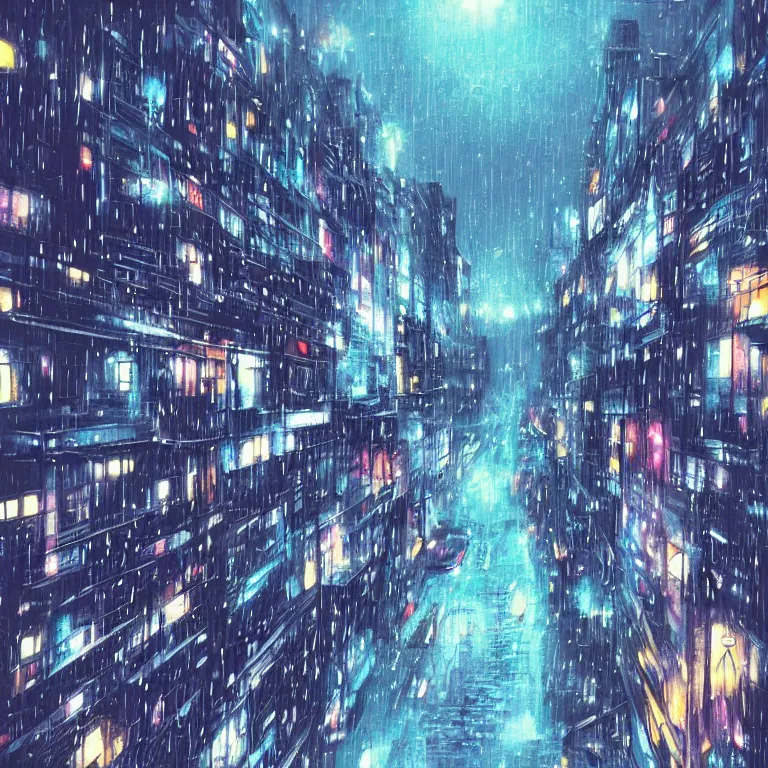 Prompt: beautiful raining anime cityscape, trending on pixiv