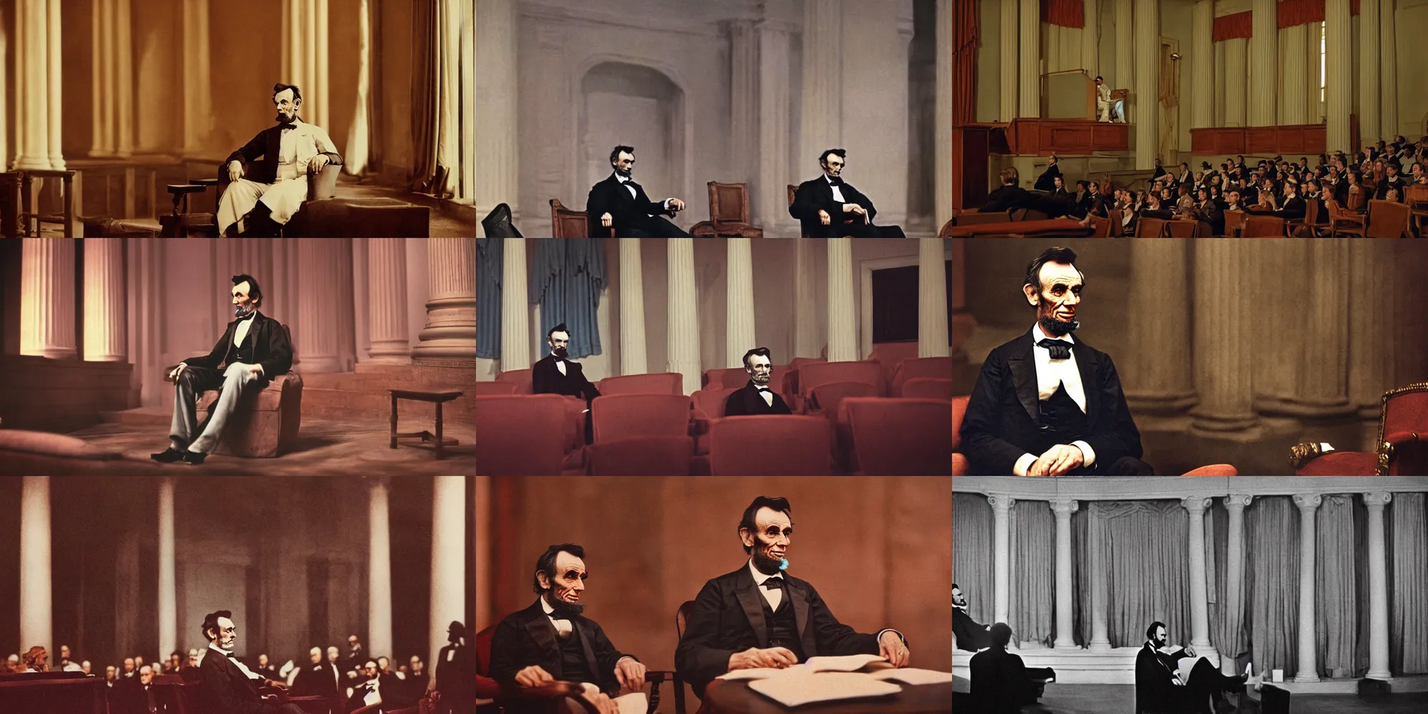 Prompt: colorized photo of abraham lincoln sitting in ford's theatre on the viewing balcony, photorealistic, cinestill 8 0 0 t, 1 9 8 0 s movie still, film grain