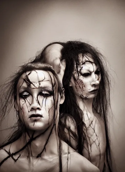 Image similar to expressive face potrait photo of a clothed male and female butoh dancers, glamour shot, by jenny saville, by stefan gesell, photorealistic, canon r 3, fashion photography, hyper maximalist, elegant, ornate, luxury, elite, environmental portrait, symmetrical features, octane render, unreal engine, solid dark grey background, dramatic lights