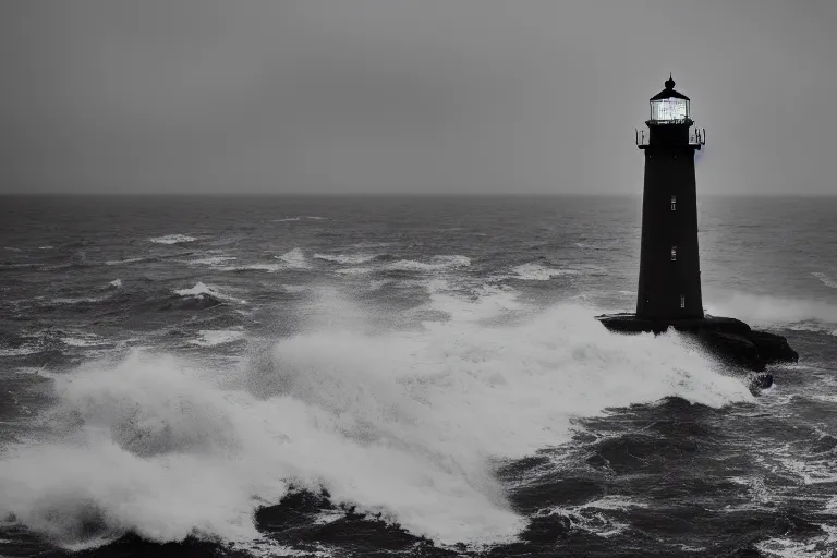 Image similar to film still of a lighthouse at bad weather with heavy waves, photography, natural light, cinematic, 8 k