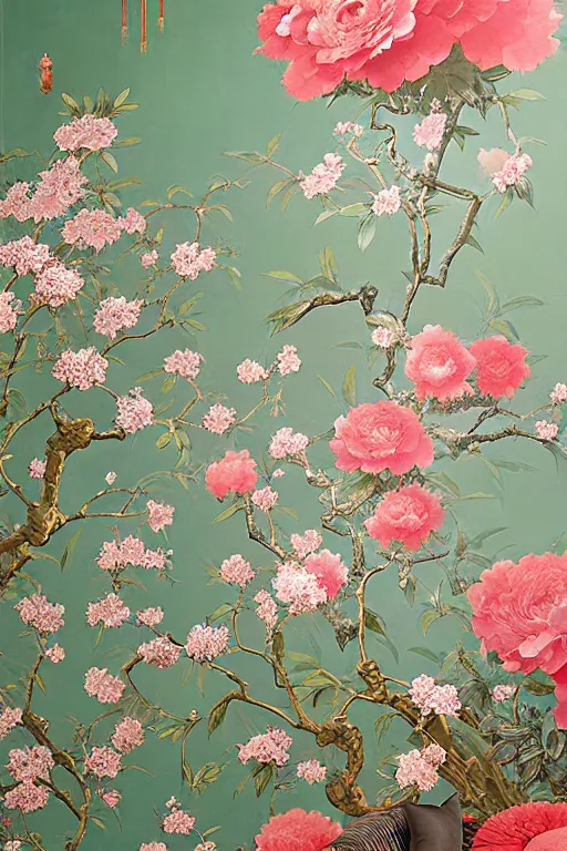 Prompt: Chinoiserie floral wall by Craig Mullins, pixar, tristan eaton