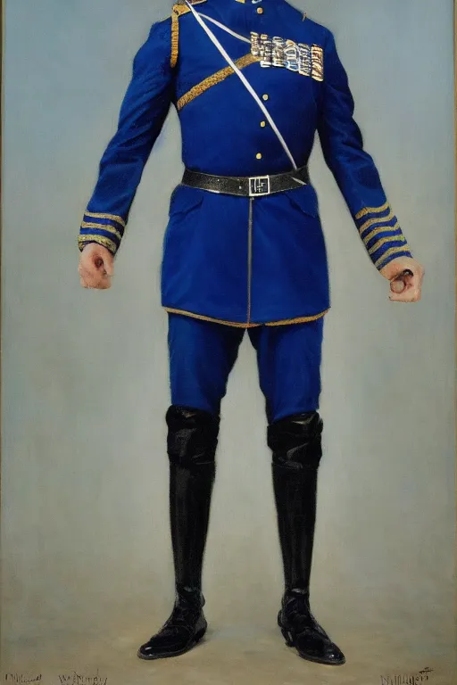 Image similar to full body portrait of the dictator of the orlando magic, 1 8 8 9, in full military garb, magic blue, silver, and black, oil on canvas by william sidney mount, trending on artstation