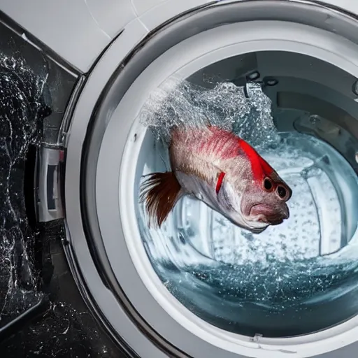 Image similar to tiny bearded mullet man snorkeling inside washing machine, sports photography, detailed, 4k