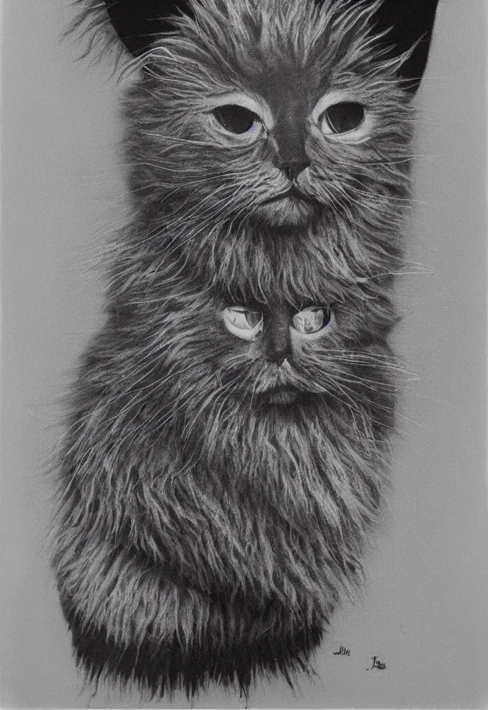 Image similar to fluffy cat t - shirt design, afro comb, by jules julien, man ray, dark grisaille monochrome neon spraypaint, ironic surrealism