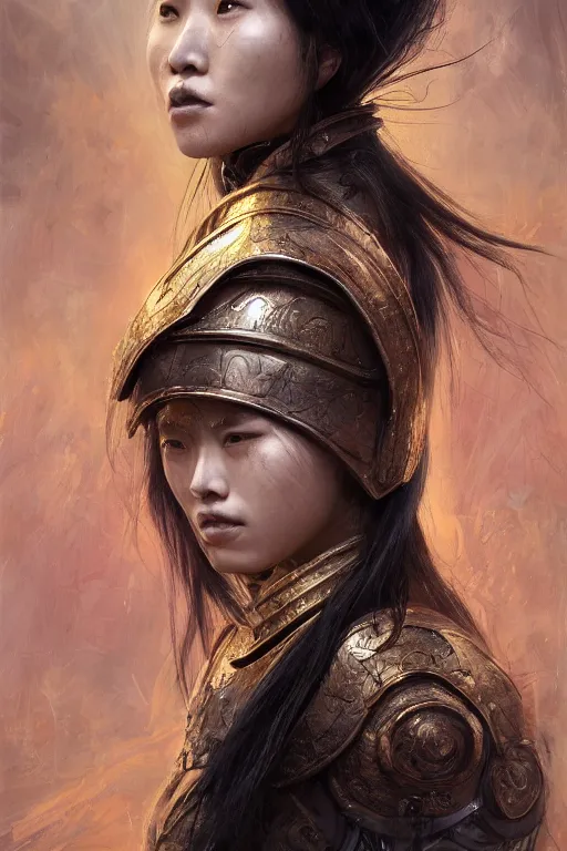 Prompt: Art station concept of Asian woman, fair skin, big eyes, long black hair, no bangs, wearing sculpted textured armor, closes her eye, battle damage, intricate complexity, close-up of the front of the face, resolute expression, back lighting, 4K resolution, symmetric, clear facial features, by Ruan Jia and Mandy Jurgens and William-Adolphe Bouguereau, Karol Bak, smooth, sharp focus, rich deep colors, Unreal Engine 5, digital render, intricate, ultra realistic, concept art,