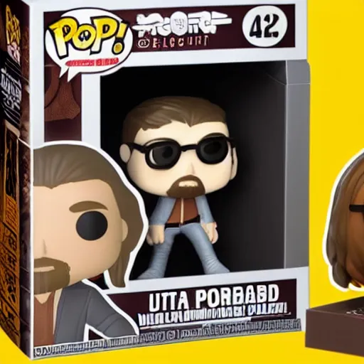 Prompt: a funko pop of german young man with long brownish hair, very short beard and light round glasses, in a funko pop box that says ultra