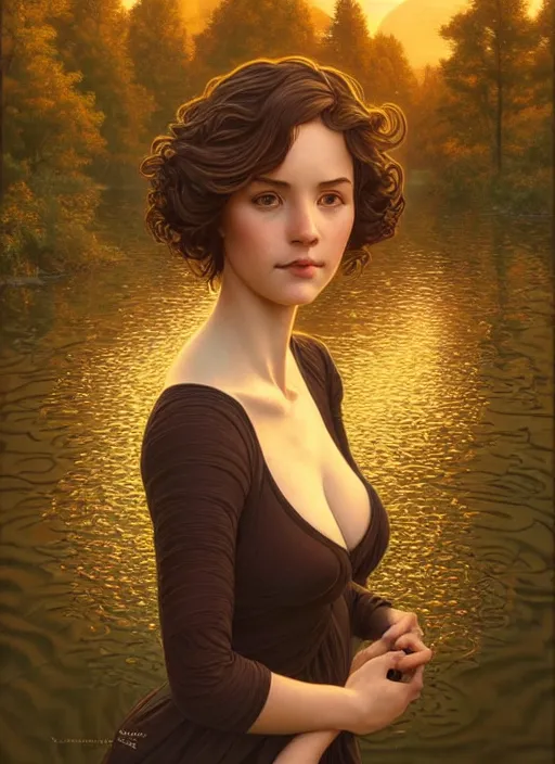 Image similar to symmetrical, full body portrait of a woman with short wavy hair, round face, cottagecore!!, river, trees, golden hour, intricate, elegant, highly detailed, digital painting, artstation, concept art, smooth, sharp focus, illustration, art by artgerm and greg rutkowski and alphonse mucha