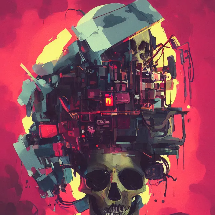 Image similar to a colorful comic noir illustration painting of a cyberpunk skull by sachin teng, sergey kolesov, greg rutkowski, simon stalenhag. in style of digital art. hyper detailed, sharp focus, soft light. octane render. ray tracing. trending on artstation