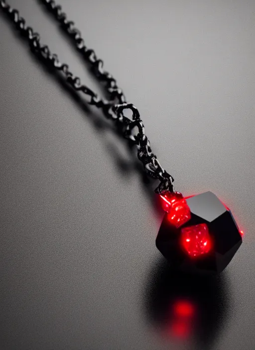 Image similar to rpg item, a black necklace with a bright red diamond in flames, Unreal 5, DAZ, hyperrealistic, rpg style, octane render, dynamic lighting