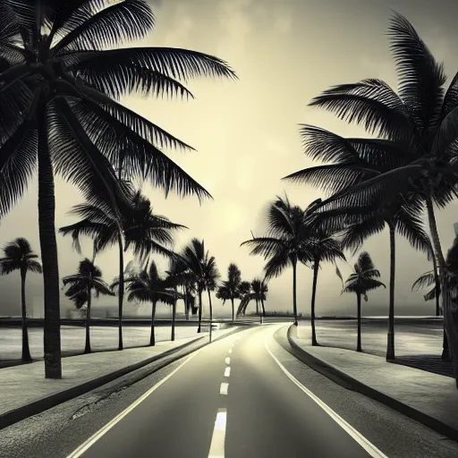 Prompt: dimly lit road at night after rain that leads to a small cozy beach surrounded by palm trees, shot from sky, desaturated, photorealistic, beautiful, sharp, highly detailed, artstation, pixvy