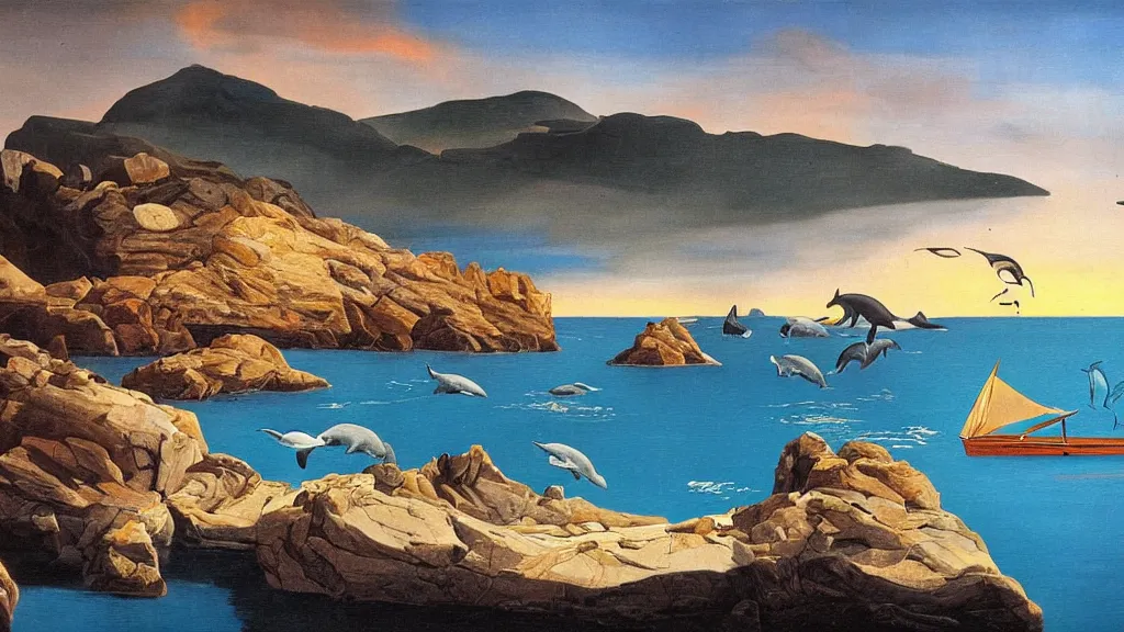 Image similar to High-Quality surrealist painting of Cap de Creus with dolphins at dawn, peaceful, very detailed, oil painting by Salvador Dalí.