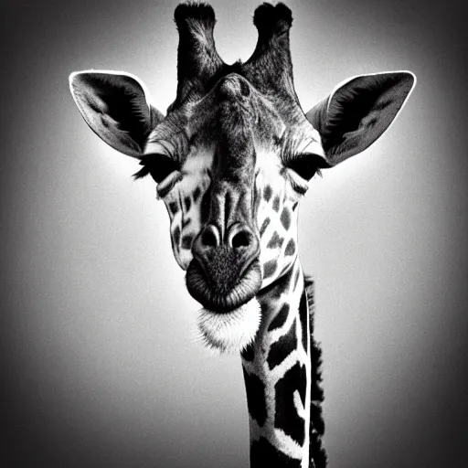 Image similar to a black and white portrait photo of a giraffe. very detailed
