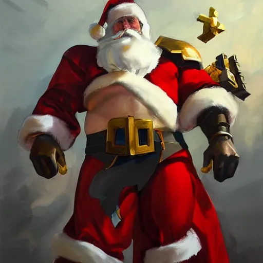 Image similar to greg manchess portrait painting of fully armored santa claus as overwatch character, medium shot, asymmetrical, profile picture, organic painting, sunny day, matte painting, bold shapes, hard edges, street art, trending on artstation, by huang guangjian and gil elvgren and sachin teng